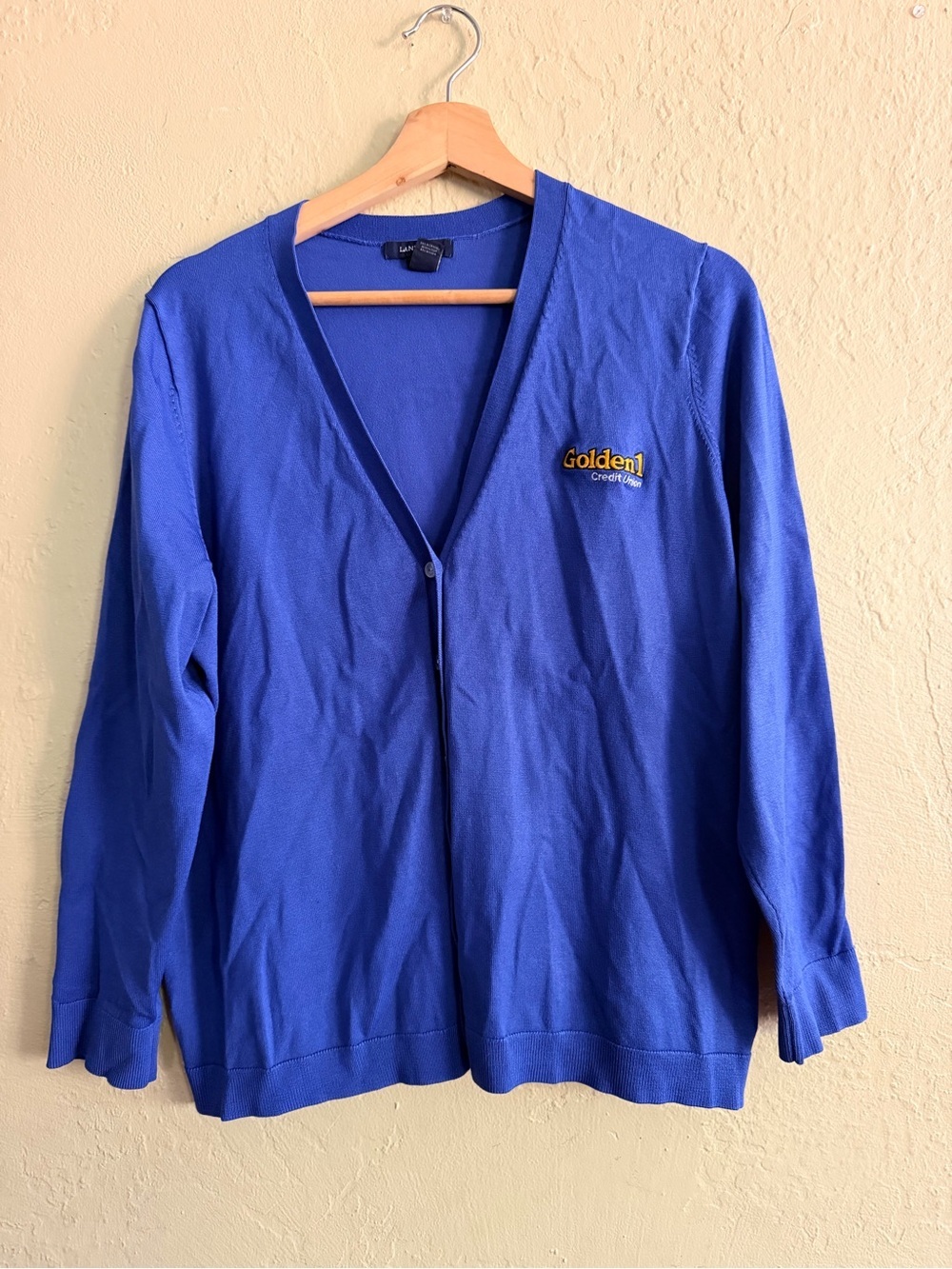 Lands' End Royal Blue V-Neck Cardigan with Golden1 Embroidery